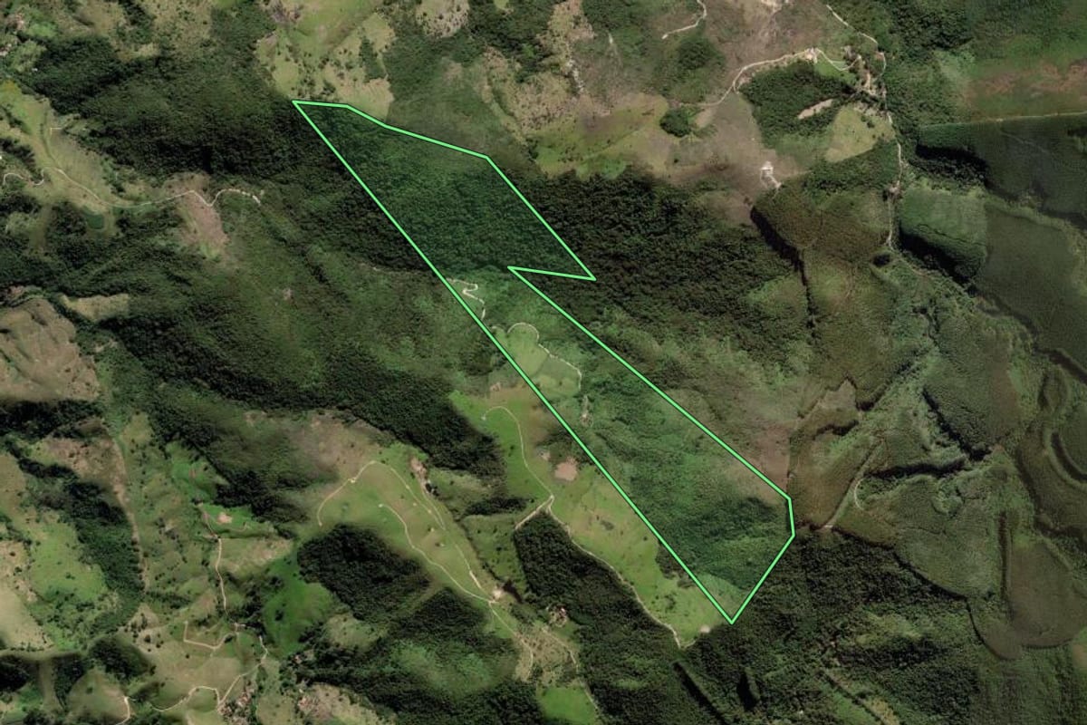 Imagem de satélite do imóvel rural em São Luiz do Paraitinga (SP), com o contorno declarado no CAR desenhado por cima.