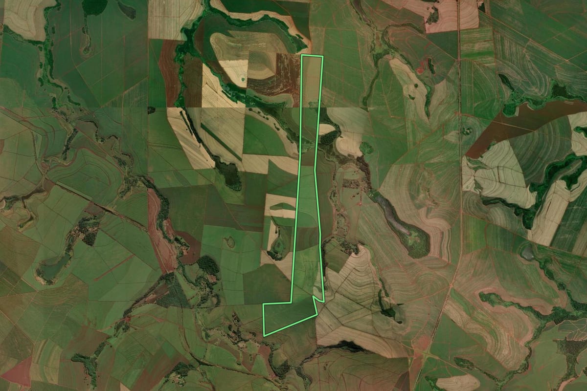 Imagem de satélite do imóvel rural em São Manuel (SP), com o contorno declarado no CAR desenhado por cima.