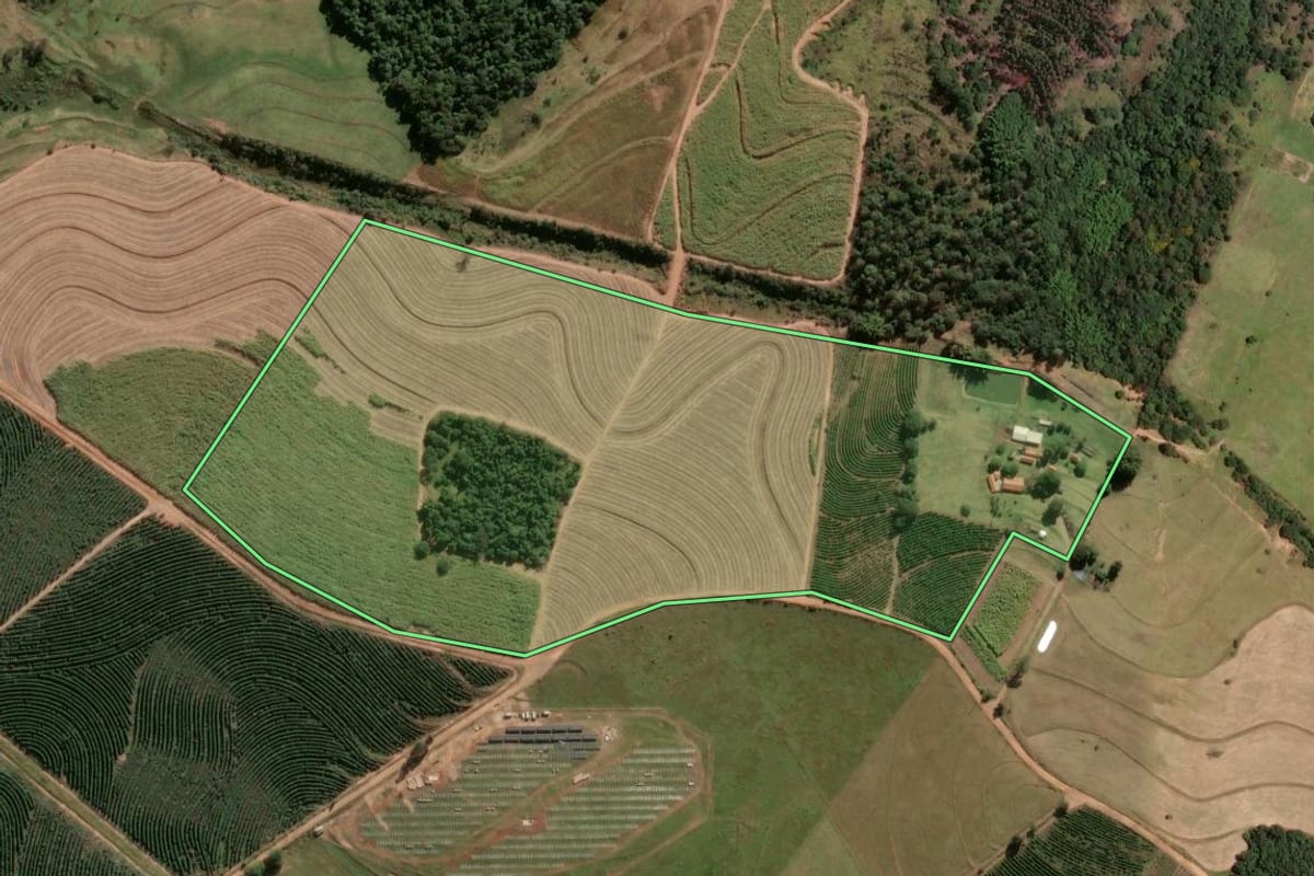 Imagem de satélite do imóvel rural em São Manuel (SP), com o contorno declarado no CAR desenhado por cima.
