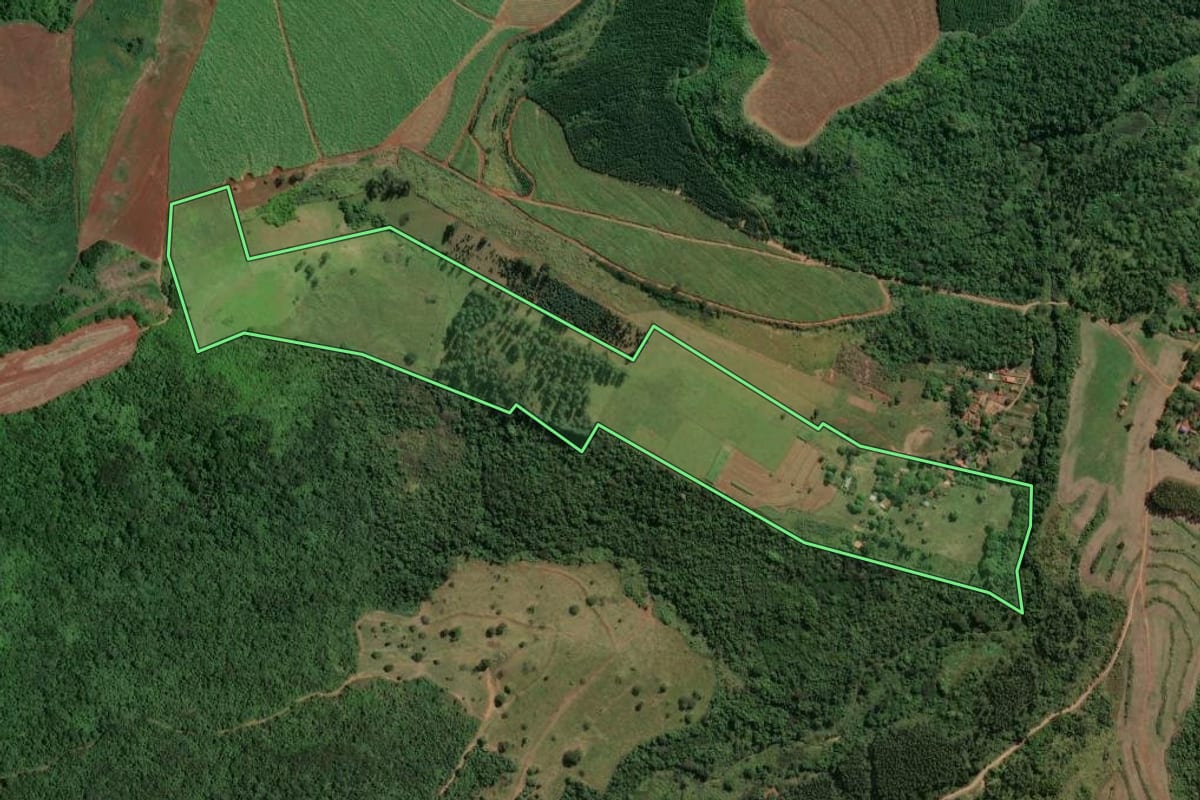 Imagem de satélite do imóvel rural em São Manuel (SP), com o contorno declarado no CAR desenhado por cima.