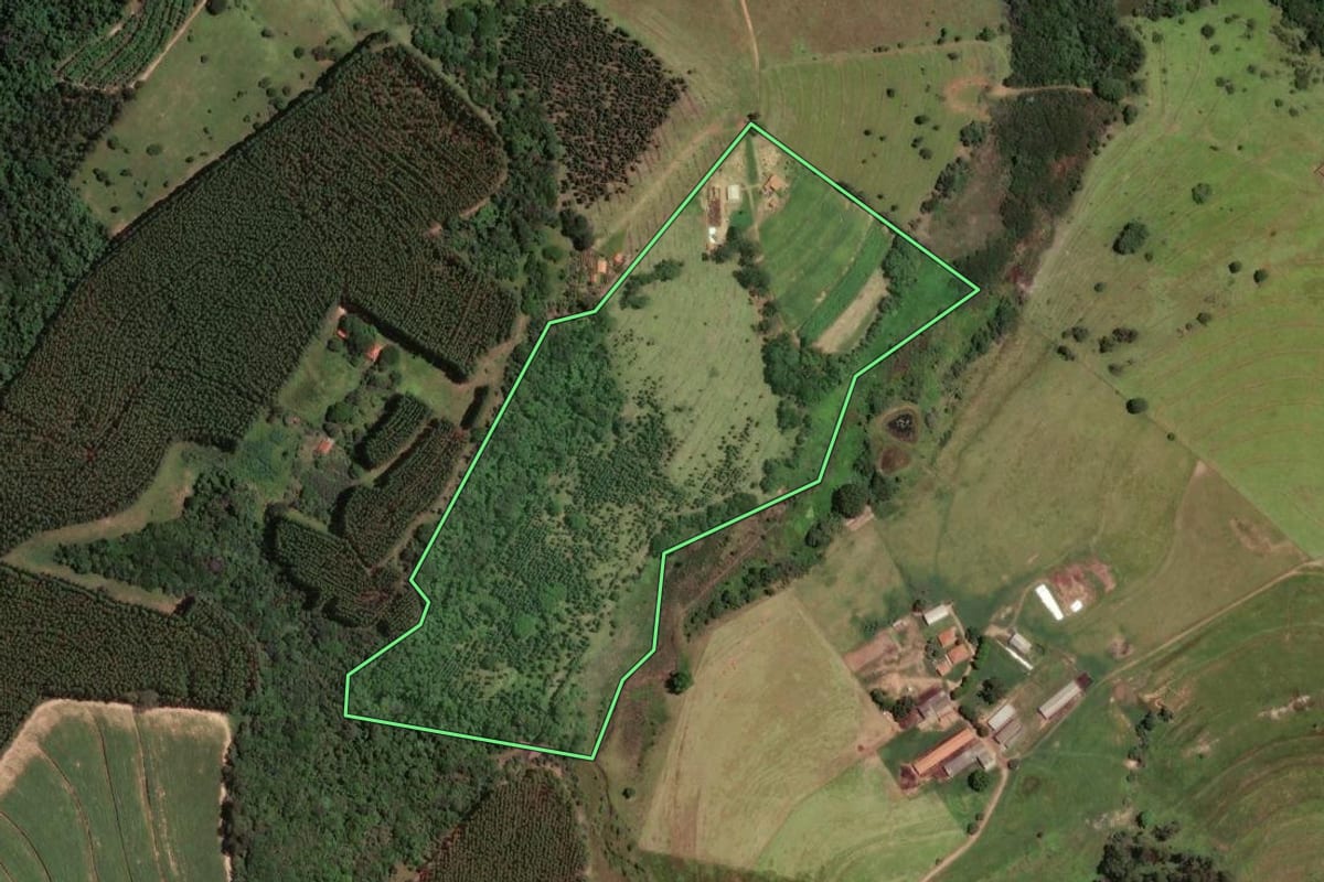Imagem de satélite do imóvel rural em São Manuel (SP), com o contorno declarado no CAR desenhado por cima.