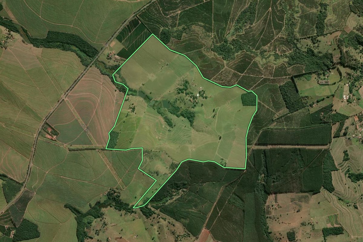 Imagem de satélite do imóvel rural em São Manuel (SP), com o contorno declarado no CAR desenhado por cima.