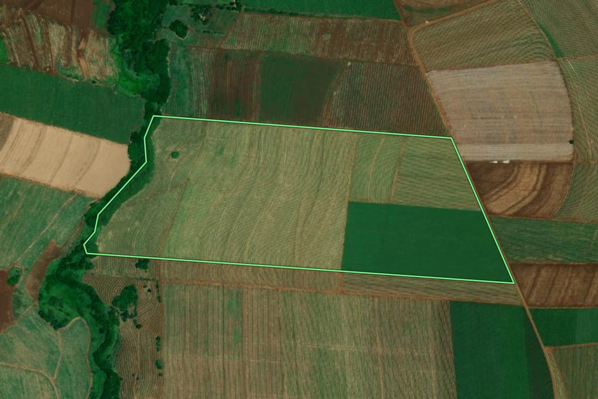 Imagem de satélite do imóvel rural em São Manuel (SP), com o contorno declarado no CAR desenhado por cima.