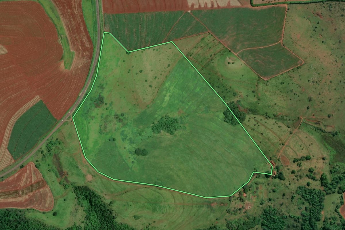 Imagem de satélite do imóvel rural em São Manuel (SP), com o contorno declarado no CAR desenhado por cima.