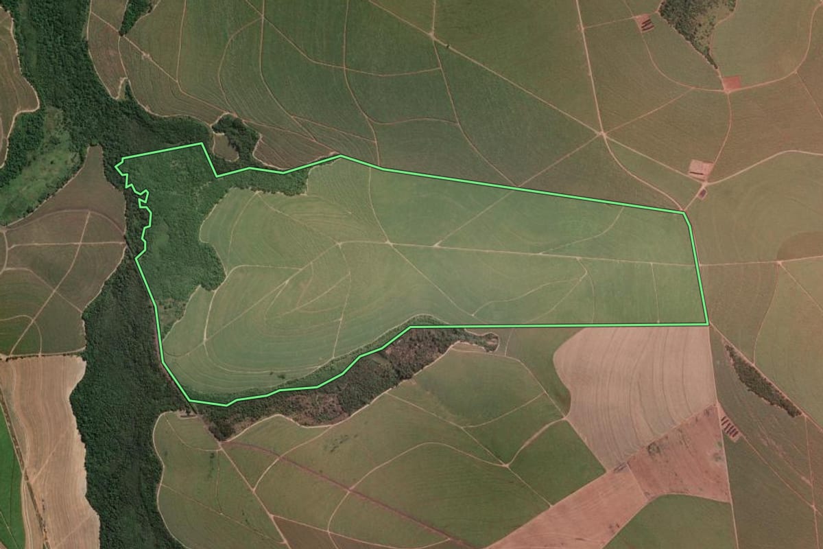 Imagem de satélite do imóvel rural em São Manuel (SP), com o contorno declarado no CAR desenhado por cima.
