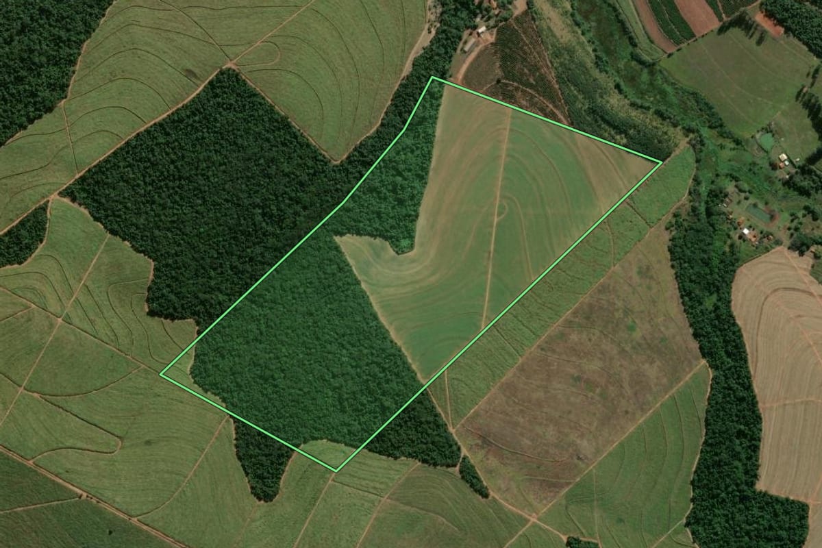 Imagem de satélite do imóvel rural em São Manuel (SP), com o contorno declarado no CAR desenhado por cima.