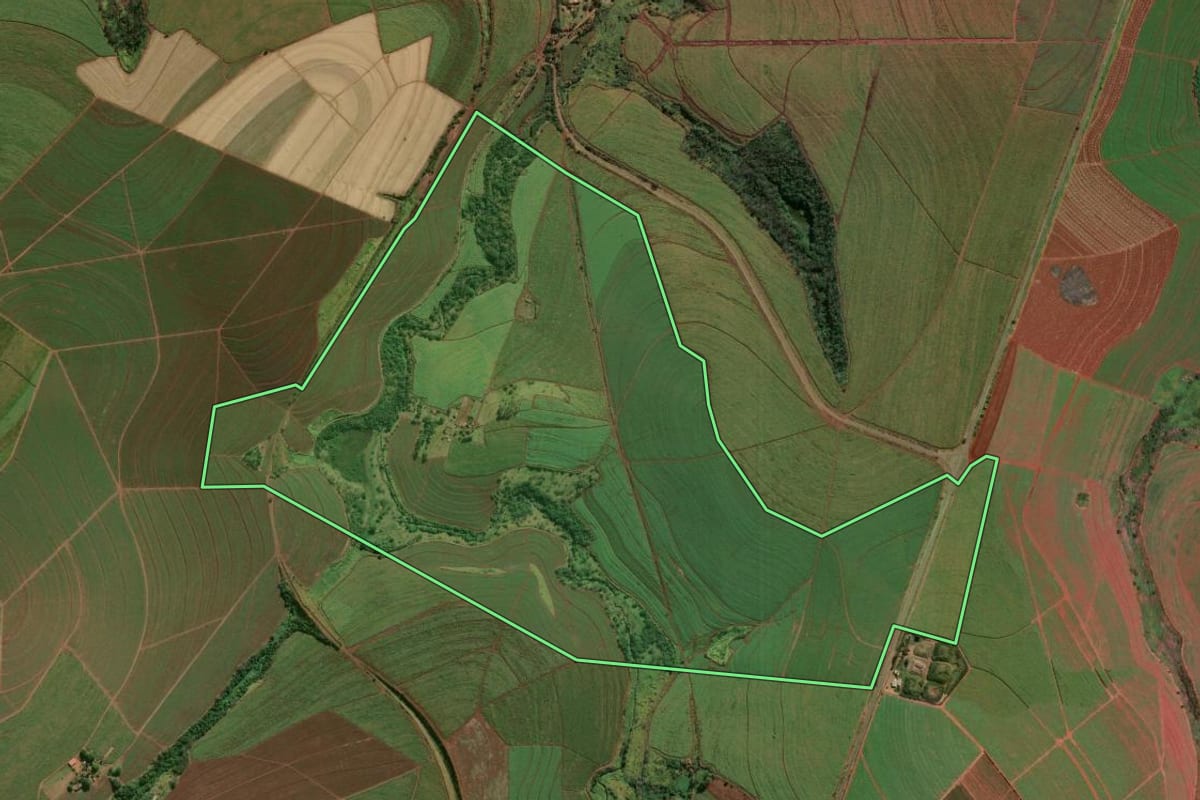 Imagem de satélite do imóvel rural em São Manuel (SP), com o contorno declarado no CAR desenhado por cima.