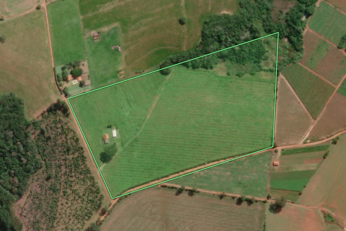 Imagem de satélite do imóvel rural em São Miguel Arcanjo (SP), com o contorno declarado no CAR desenhado por cima.