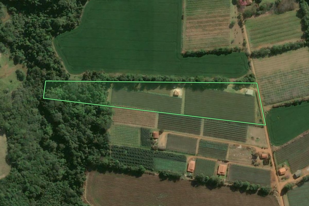 Imagem de satélite do imóvel rural em São Miguel Arcanjo (SP), com o contorno declarado no CAR desenhado por cima.
