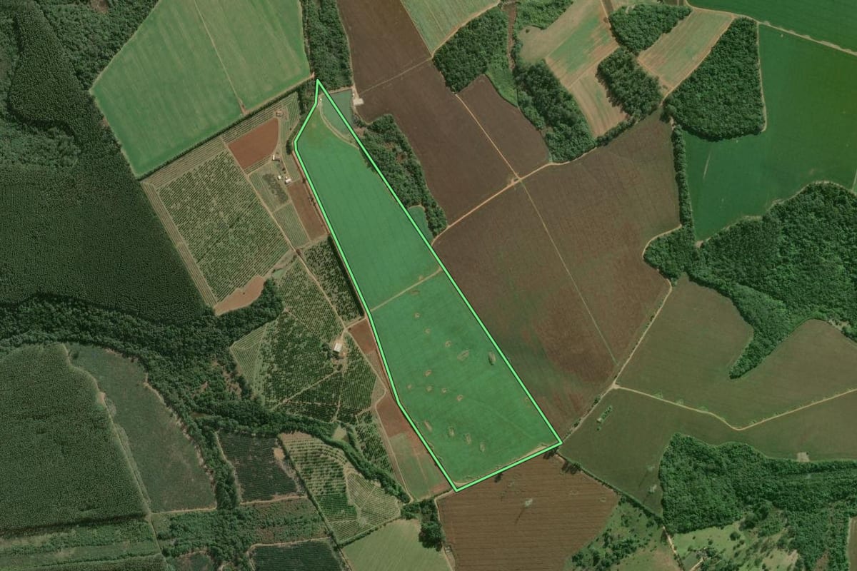 Imagem de satélite do imóvel rural em São Miguel Arcanjo (SP), com o contorno declarado no CAR desenhado por cima.