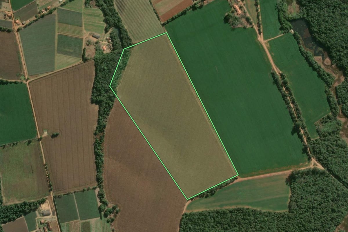 Imagem de satélite do imóvel rural em São Miguel Arcanjo (SP), com o contorno declarado no CAR desenhado por cima.