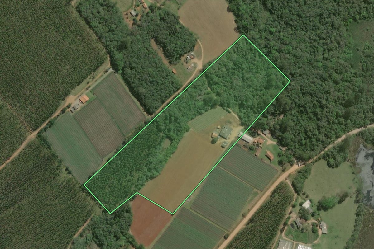 Imagem de satélite do imóvel rural em São Miguel Arcanjo (SP), com o contorno declarado no CAR desenhado por cima.