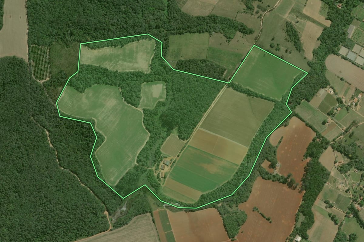 Imagem de satélite do imóvel rural em São Miguel Arcanjo (SP), com o contorno declarado no CAR desenhado por cima.