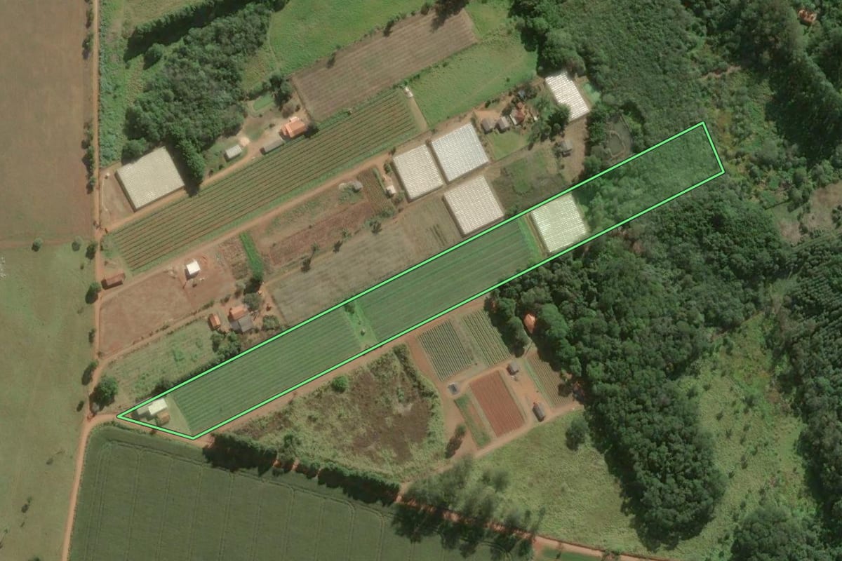 Imagem de satélite do imóvel rural em São Miguel Arcanjo (SP), com o contorno declarado no CAR desenhado por cima.