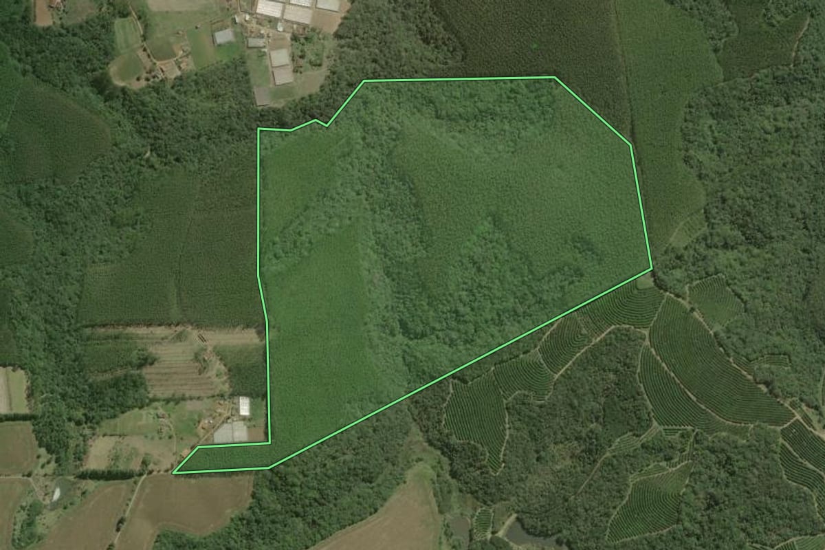Imagem de satélite do imóvel rural em São Miguel Arcanjo (SP), com o contorno declarado no CAR desenhado por cima.