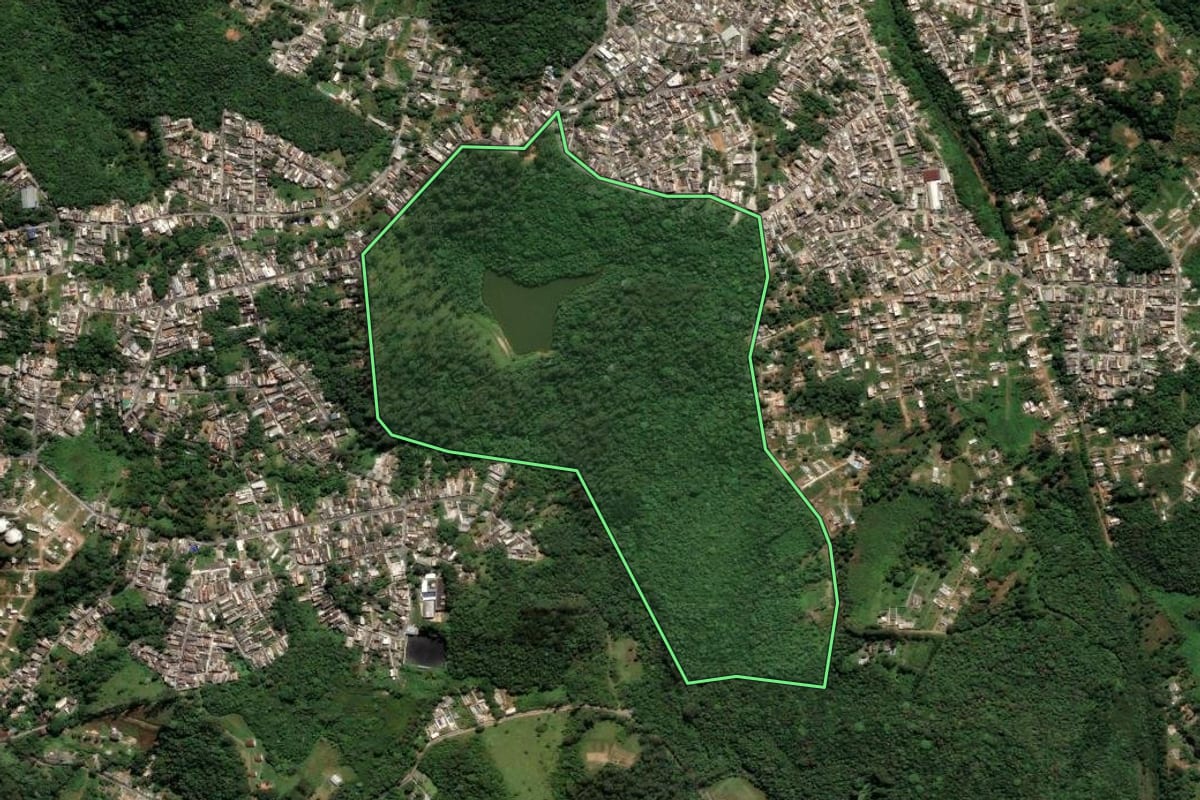 Imagem de satélite do imóvel rural em São Paulo (SP), com o contorno declarado no CAR desenhado por cima.