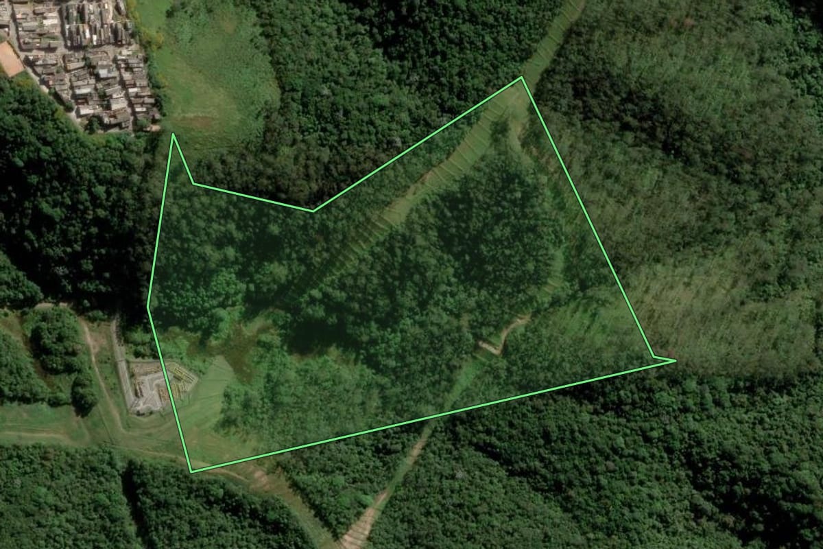 Imagem de satélite do imóvel rural em São Paulo (SP), com o contorno declarado no CAR desenhado por cima.