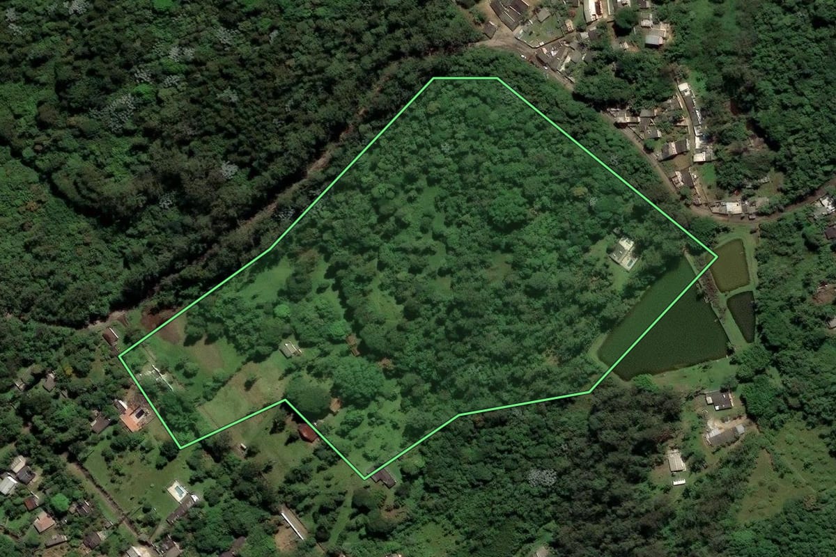 Imagem de satélite do imóvel rural em São Paulo (SP), com o contorno declarado no CAR desenhado por cima.