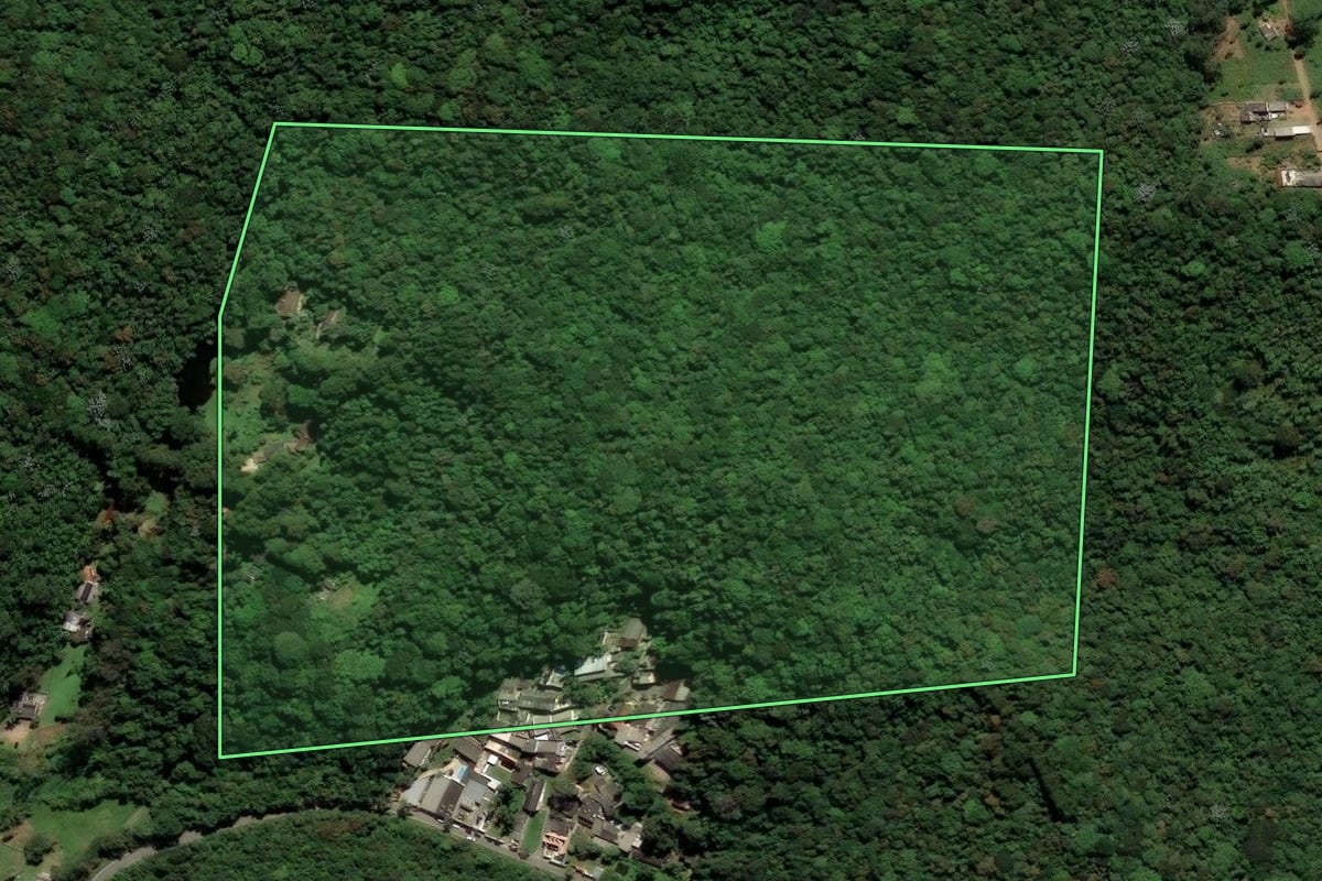 Imagem de satélite do imóvel rural em São Paulo (SP), com o contorno declarado no CAR desenhado por cima.