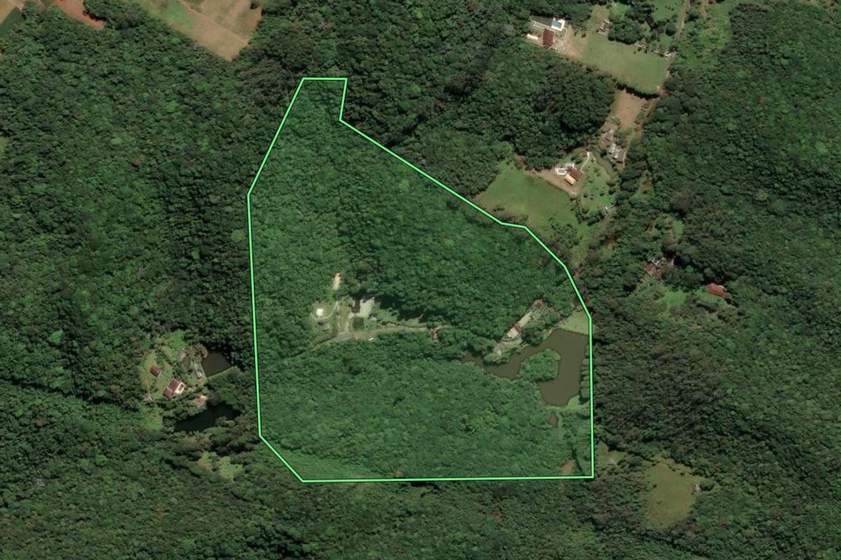 Imagem de satélite do imóvel rural em São Paulo (SP), com o contorno declarado no CAR desenhado por cima.