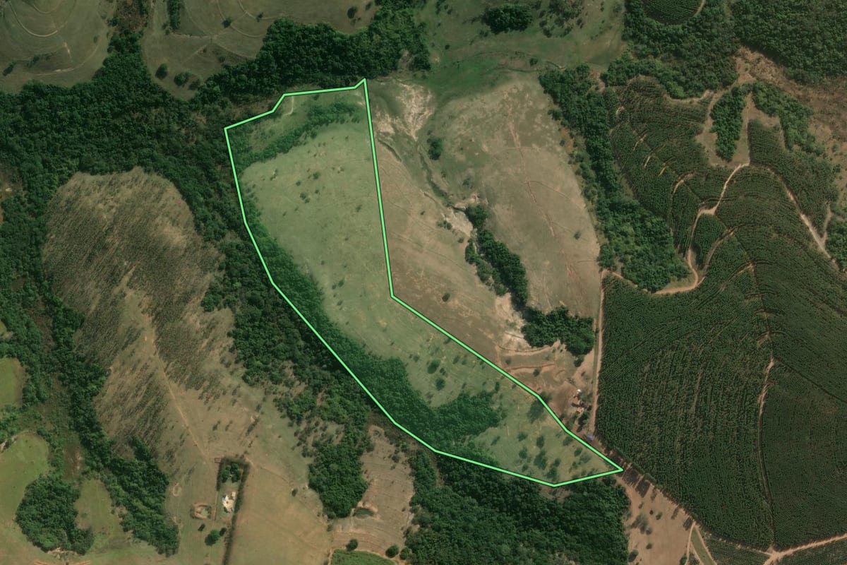 Imagem de satélite do imóvel rural em São Pedro (SP), com o contorno declarado no CAR desenhado por cima.