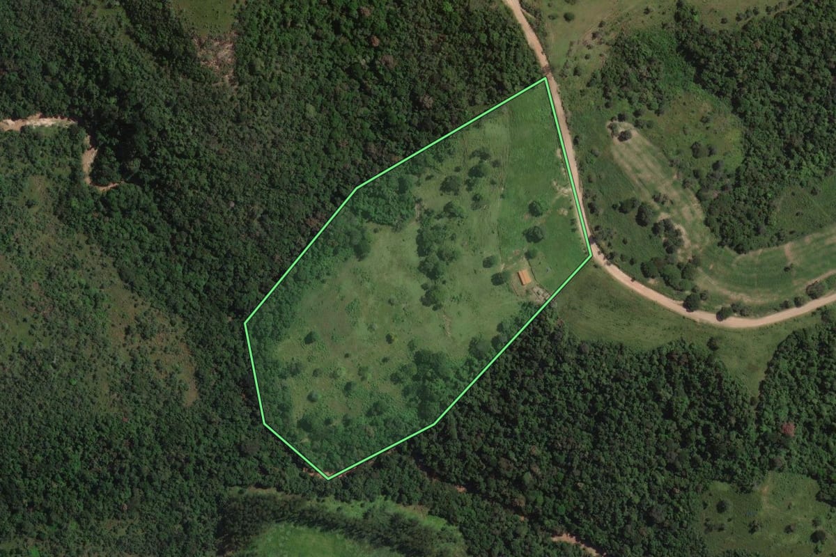 Imagem de satélite do imóvel rural em São Pedro (SP), com o contorno declarado no CAR desenhado por cima.