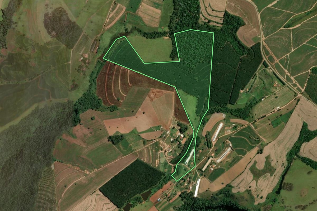 Imagem de satélite do imóvel rural em São Pedro (SP), com o contorno declarado no CAR desenhado por cima.