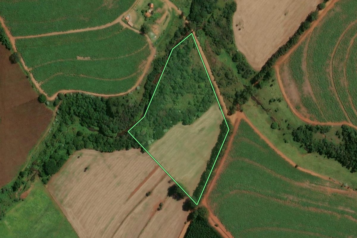 Imagem de satélite do imóvel rural em São Pedro (SP), com o contorno declarado no CAR desenhado por cima.