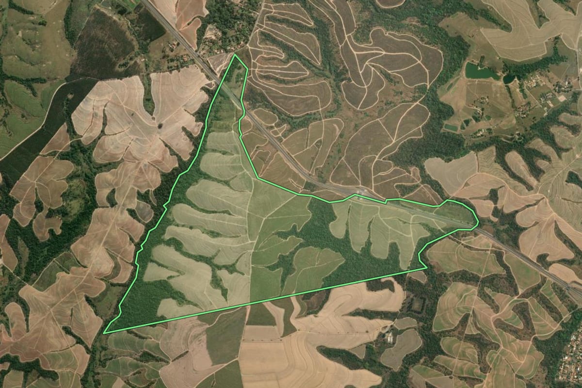 Imagem de satélite do imóvel rural em São Pedro (SP), com o contorno declarado no CAR desenhado por cima.