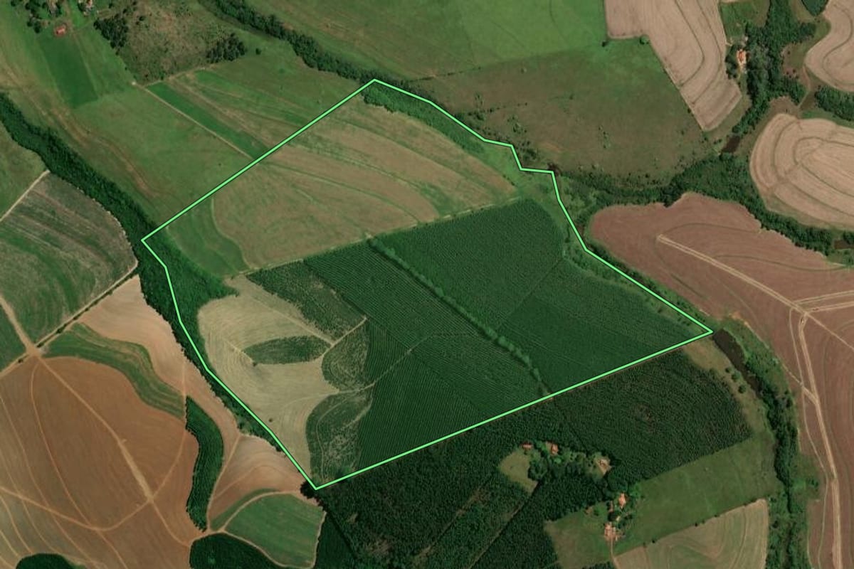 Imagem de satélite do imóvel rural em São Pedro (SP), com o contorno declarado no CAR desenhado por cima.