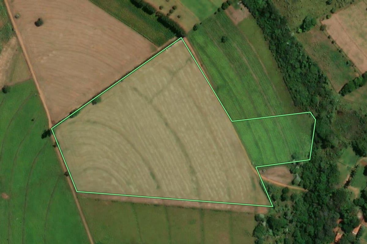 Imagem de satélite do imóvel rural em São Pedro (SP), com o contorno declarado no CAR desenhado por cima.