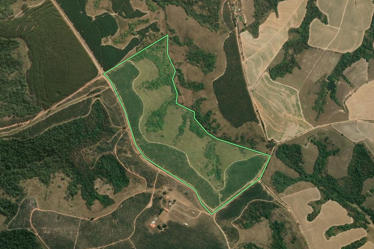 Imagem de satélite do imóvel rural em São Pedro (SP), com o contorno declarado no CAR desenhado por cima.