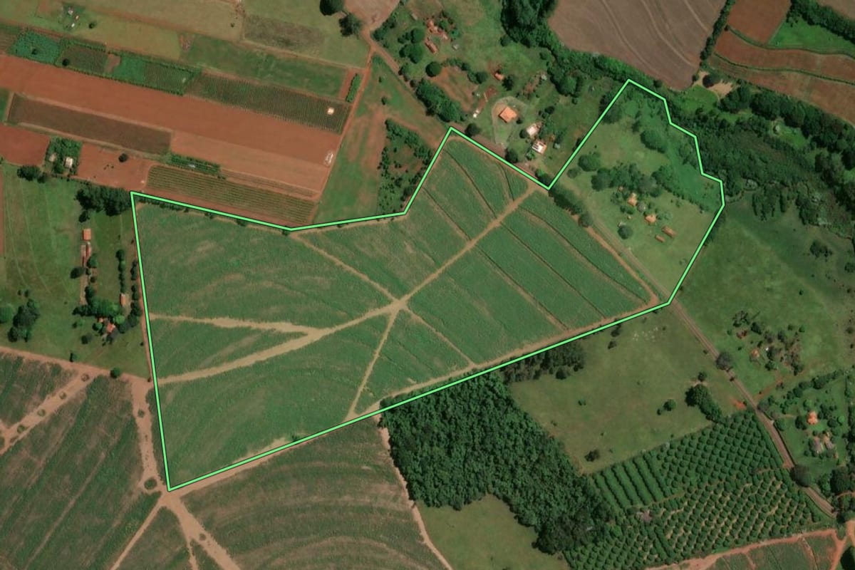 Imagem de satélite do imóvel rural em Brotas (SP), com o contorno declarado no CAR desenhado por cima.
