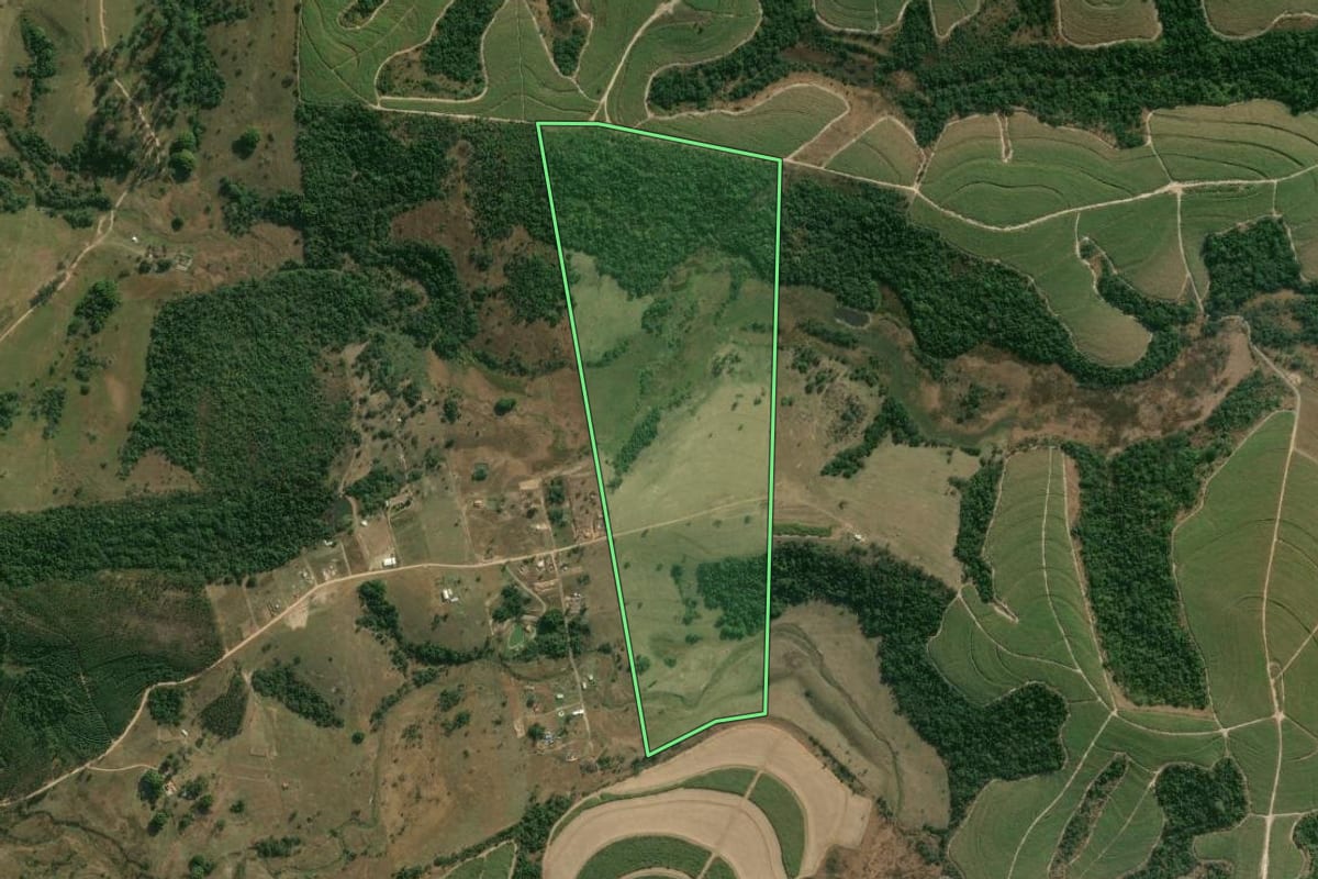 Imagem de satélite do imóvel rural em São Pedro (SP), com o contorno declarado no CAR desenhado por cima.