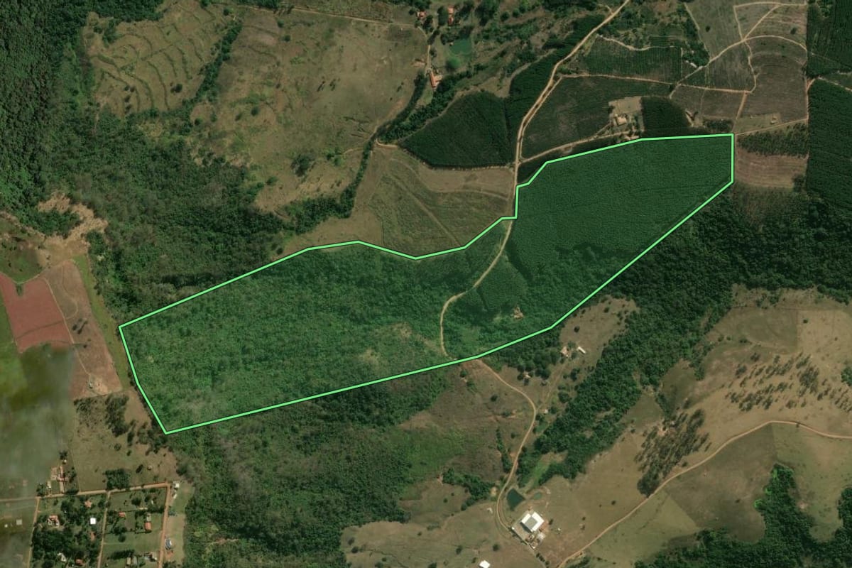 Imagem de satélite do imóvel rural em São Pedro (SP), com o contorno declarado no CAR desenhado por cima.