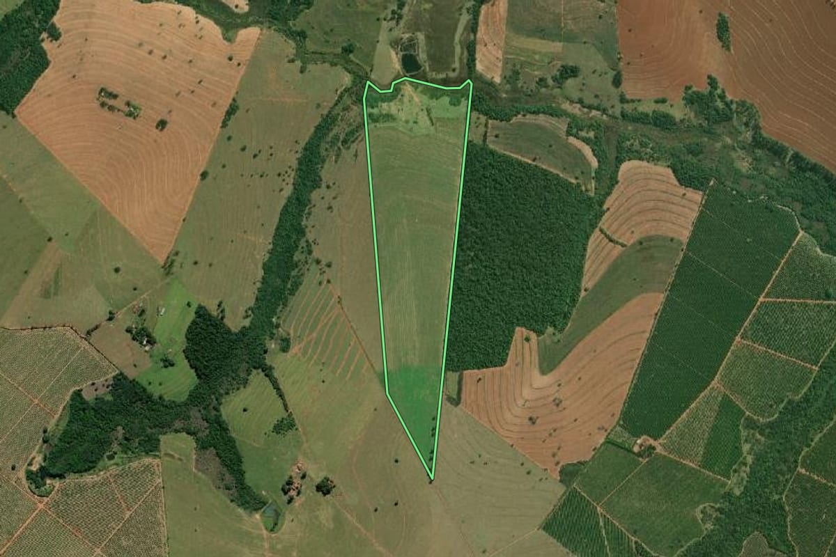 Imagem de satélite do imóvel rural em São Pedro do Turvo (SP), com o contorno declarado no CAR desenhado por cima.