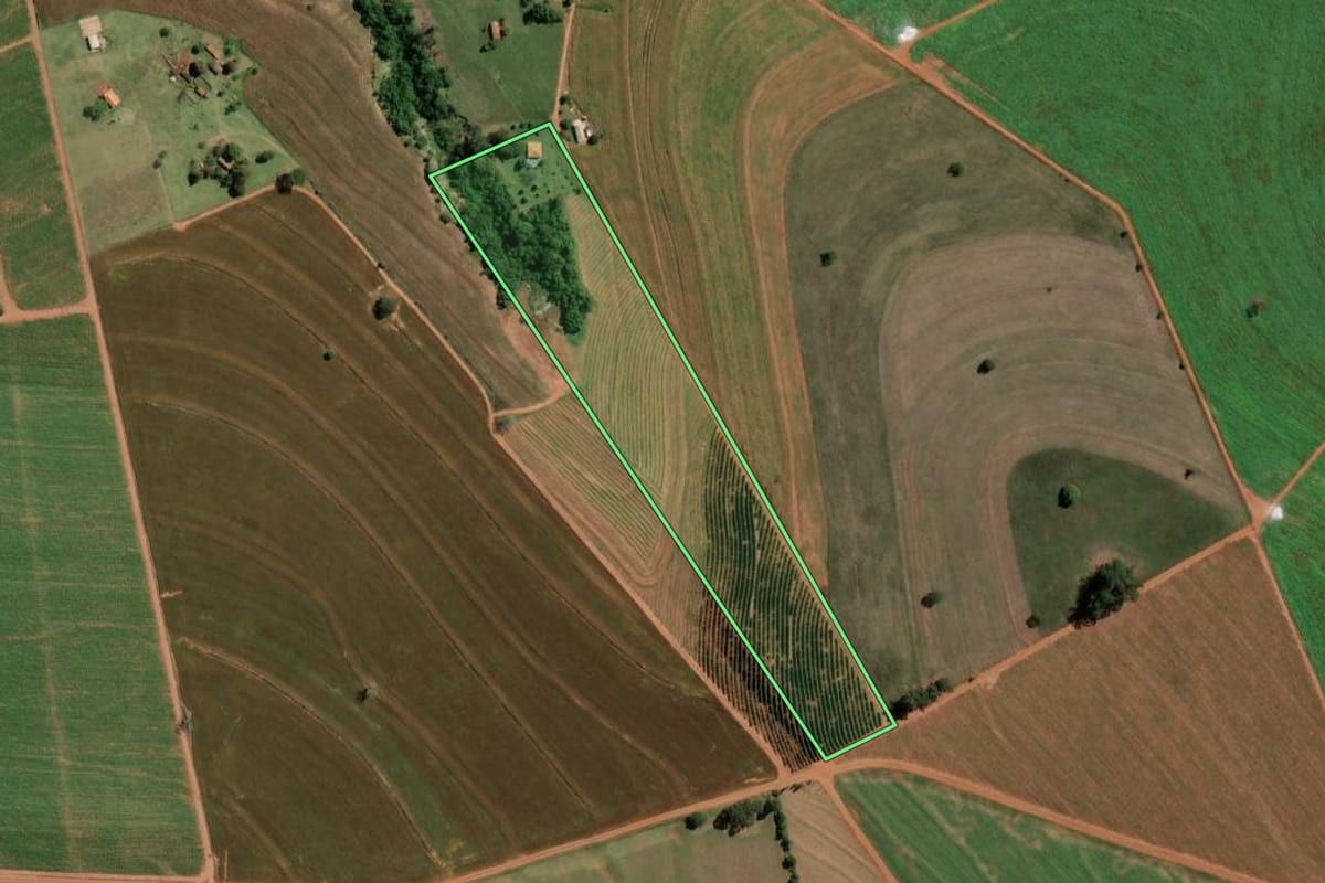 Imagem de satélite do imóvel rural em São Pedro do Turvo (SP), com o contorno declarado no CAR desenhado por cima.