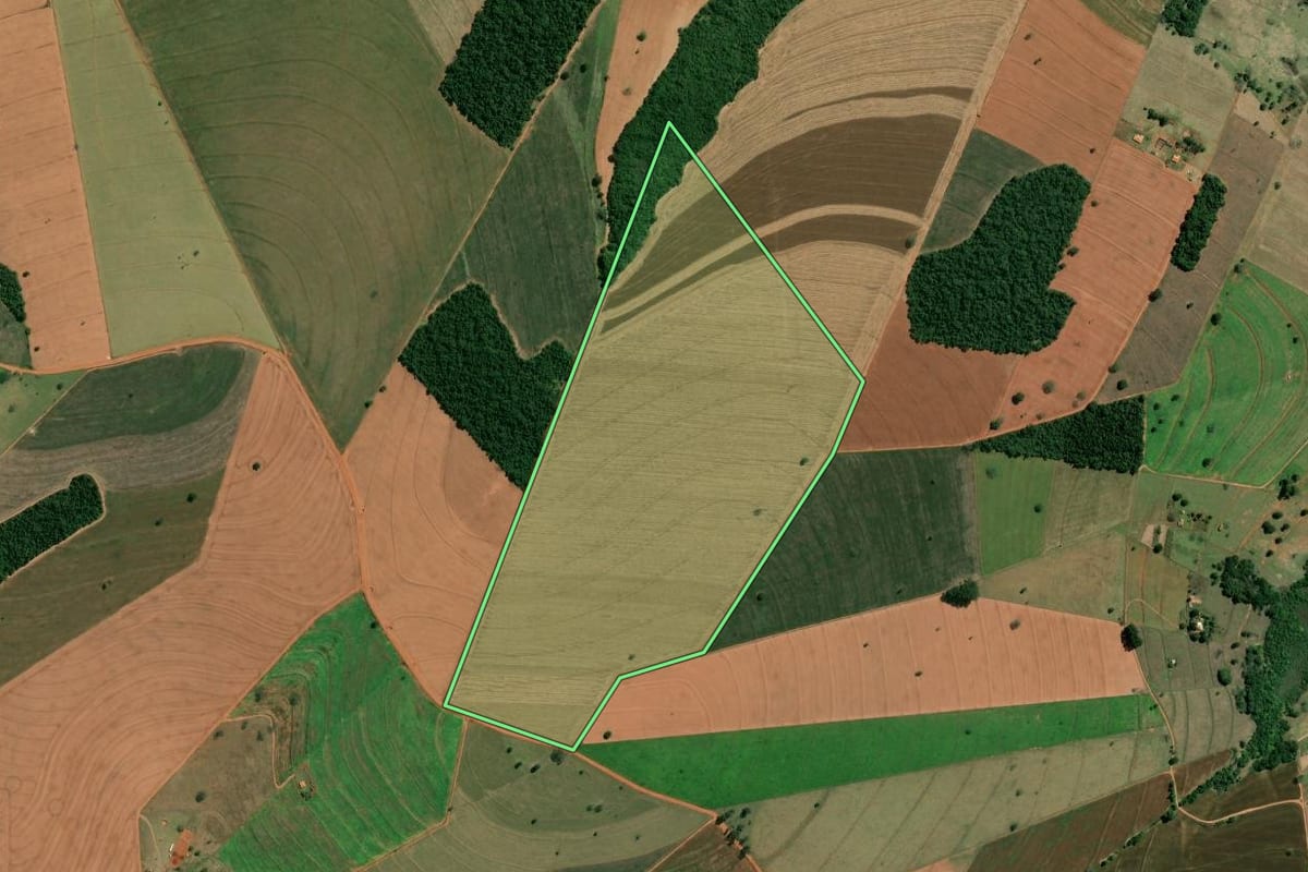 Imagem de satélite do imóvel rural em São Pedro do Turvo (SP), com o contorno declarado no CAR desenhado por cima.