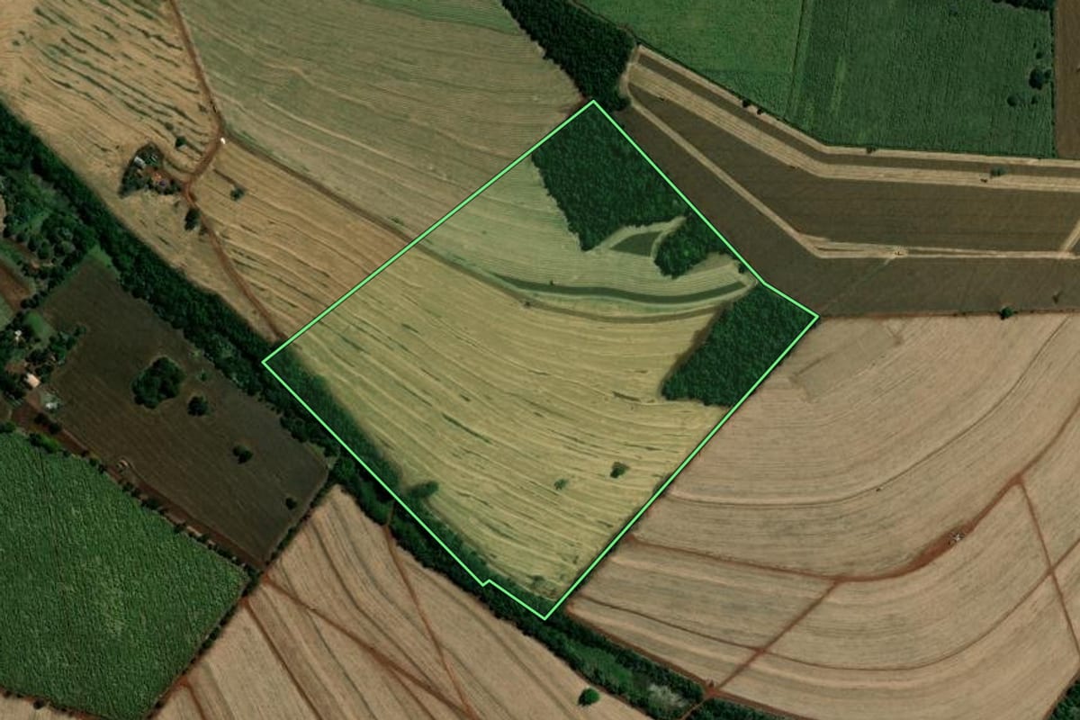 Imagem de satélite do imóvel rural em São Pedro do Turvo (SP), com o contorno declarado no CAR desenhado por cima.