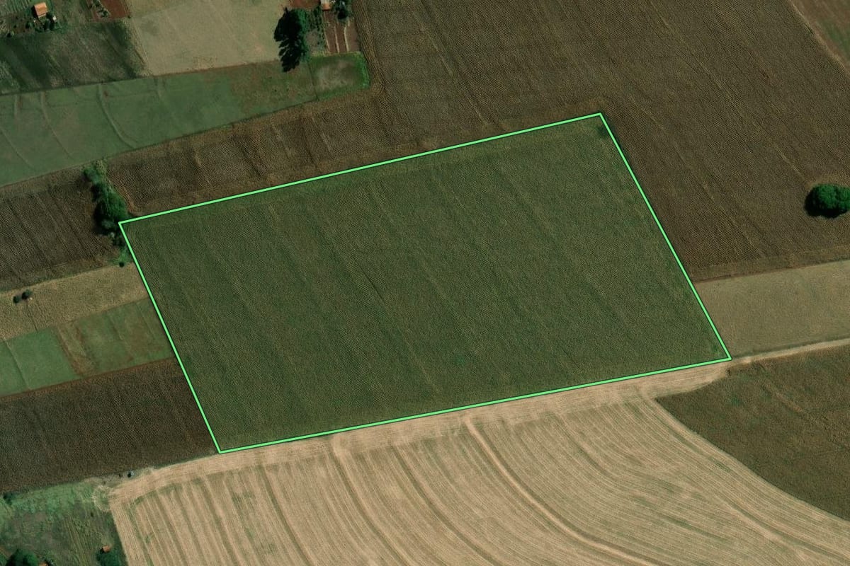 Imagem de satélite do imóvel rural em São Pedro do Turvo (SP), com o contorno declarado no CAR desenhado por cima.