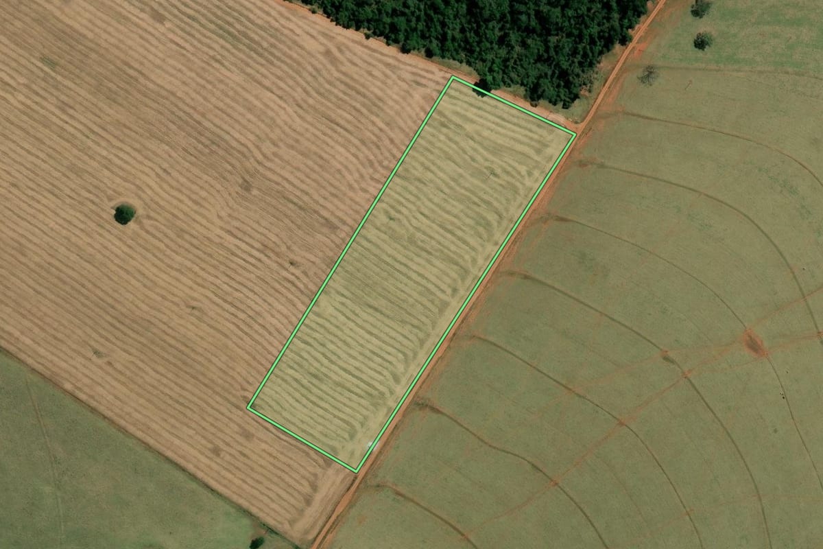 Imagem de satélite do imóvel rural em São Pedro do Turvo (SP), com o contorno declarado no CAR desenhado por cima.