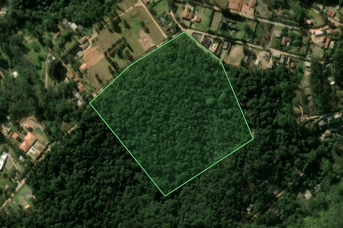 Imagem de satélite do imóvel rural em São Roque (SP), com o contorno declarado no CAR desenhado por cima.