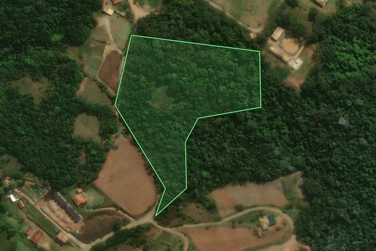 Imagem de satélite do imóvel rural em São Roque (SP), com o contorno declarado no CAR desenhado por cima.