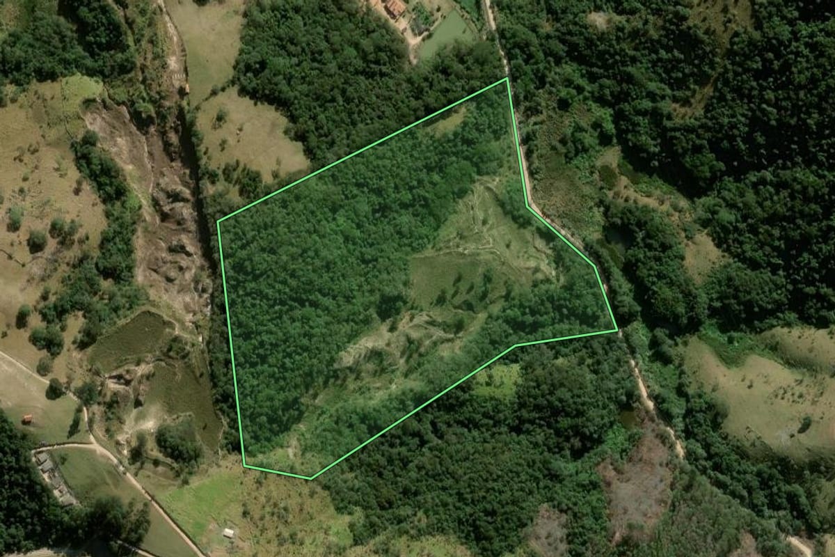 Imagem de satélite do imóvel rural em São Roque (SP), com o contorno declarado no CAR desenhado por cima.