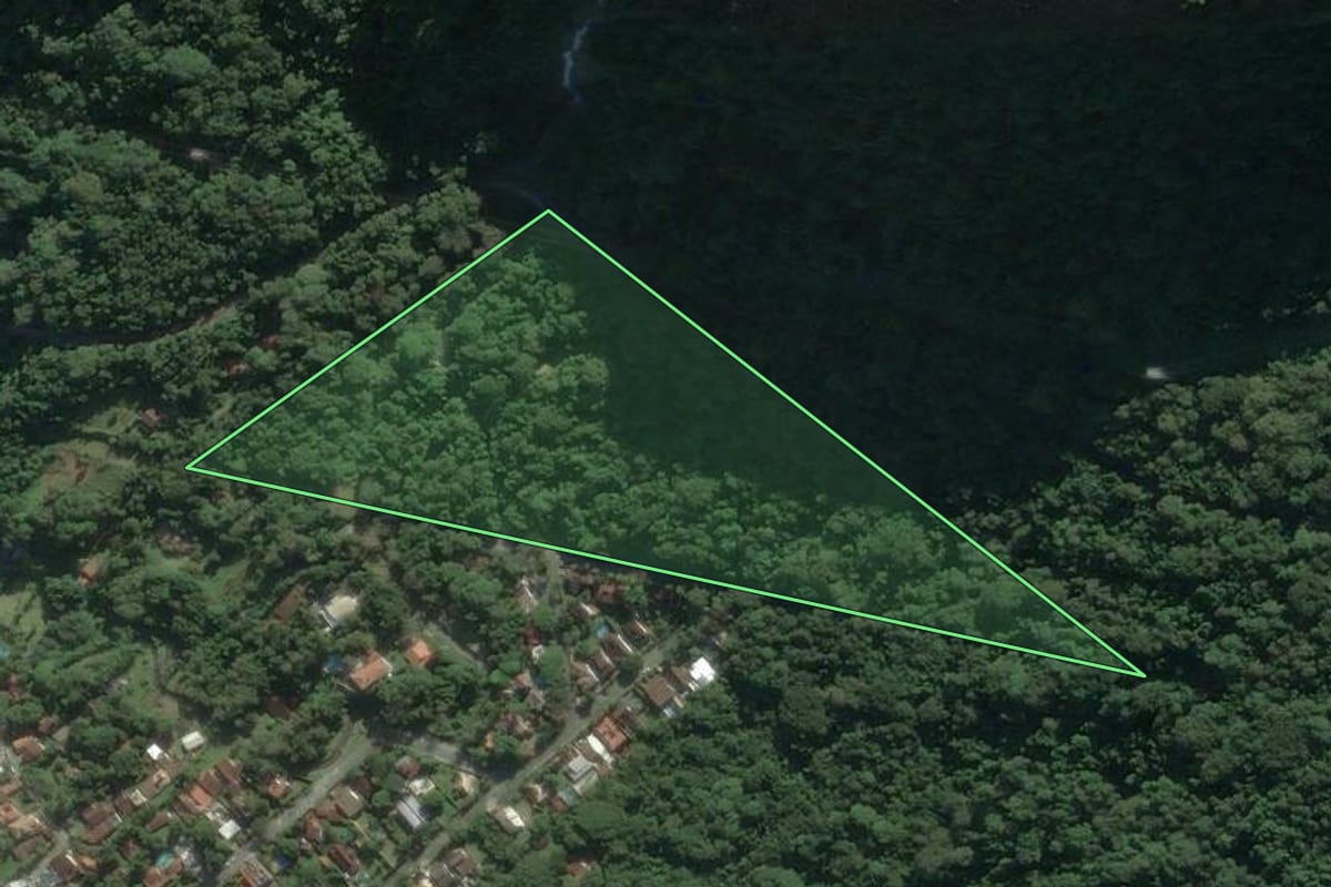 Imagem de satélite do imóvel rural em São Sebastião (SP), com o contorno declarado no CAR desenhado por cima.