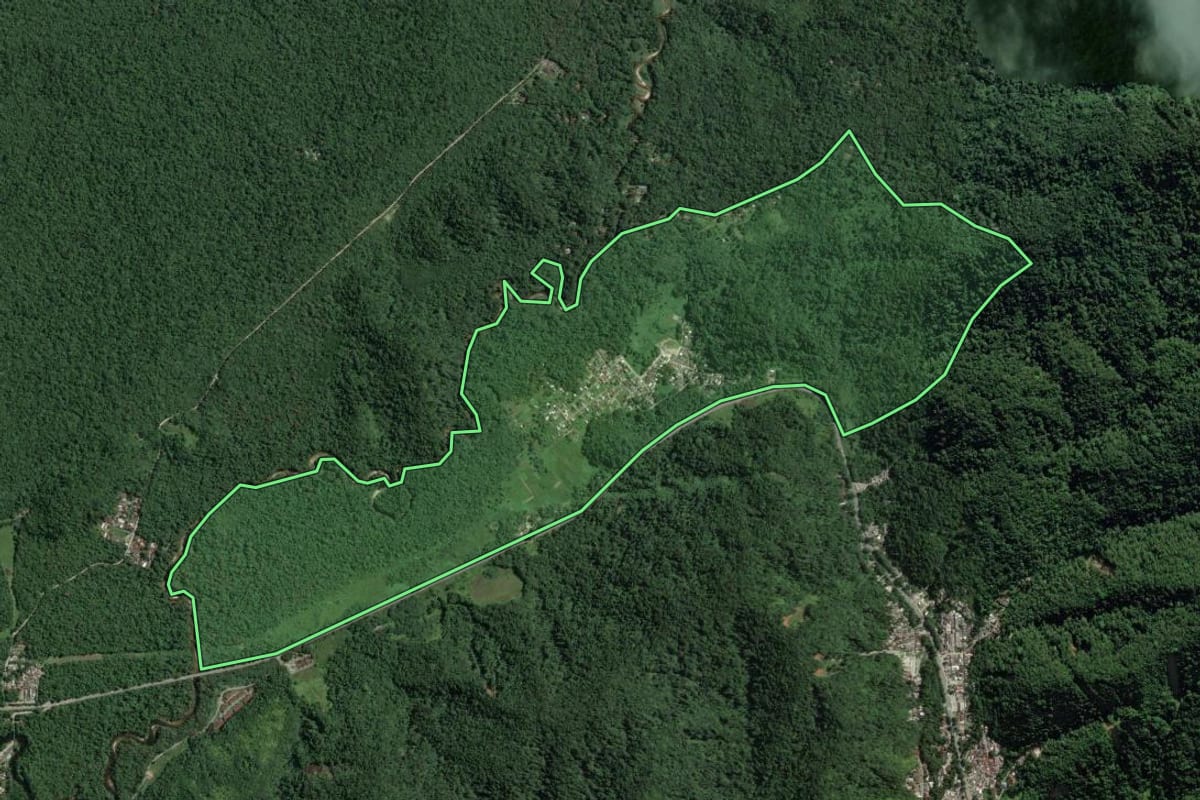Imagem de satélite do imóvel rural em São Sebastião (SP), com o contorno declarado no CAR desenhado por cima.