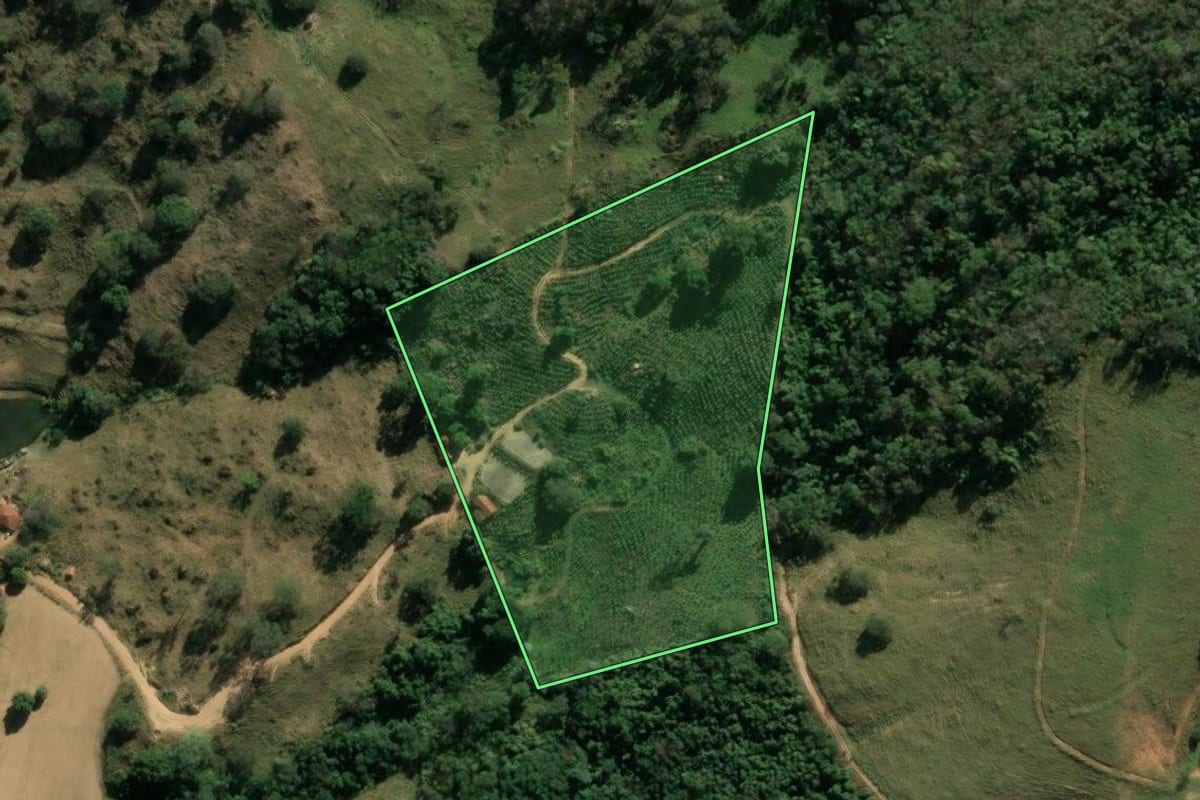 Imagem de satélite do imóvel rural em São Sebastião da Grama (SP), com o contorno declarado no CAR desenhado por cima.