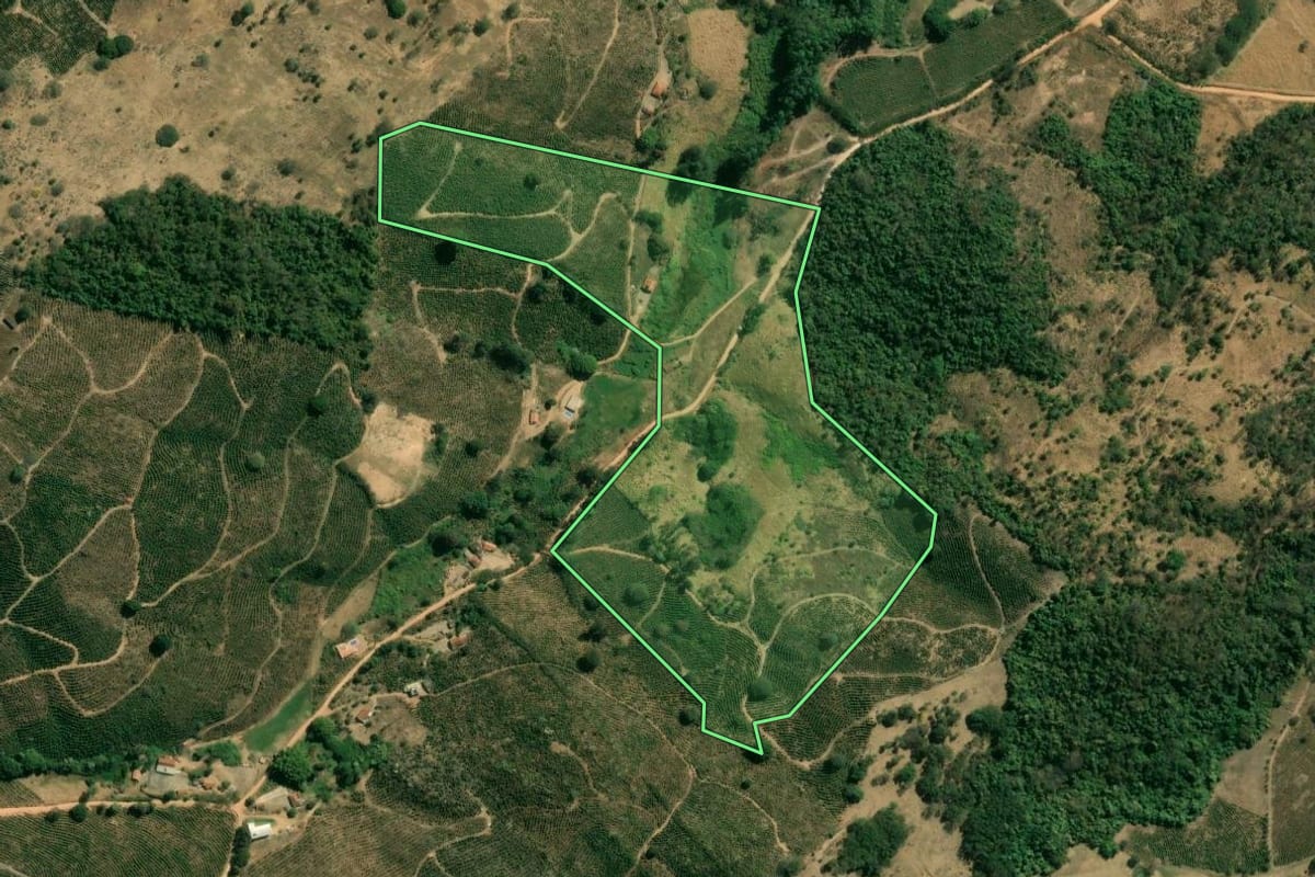 Imagem de satélite do imóvel rural em São Sebastião da Grama (SP), com o contorno declarado no CAR desenhado por cima.