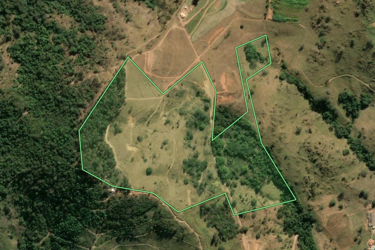 Imagem de satélite do imóvel rural em São Sebastião da Grama (SP), com o contorno declarado no CAR desenhado por cima.