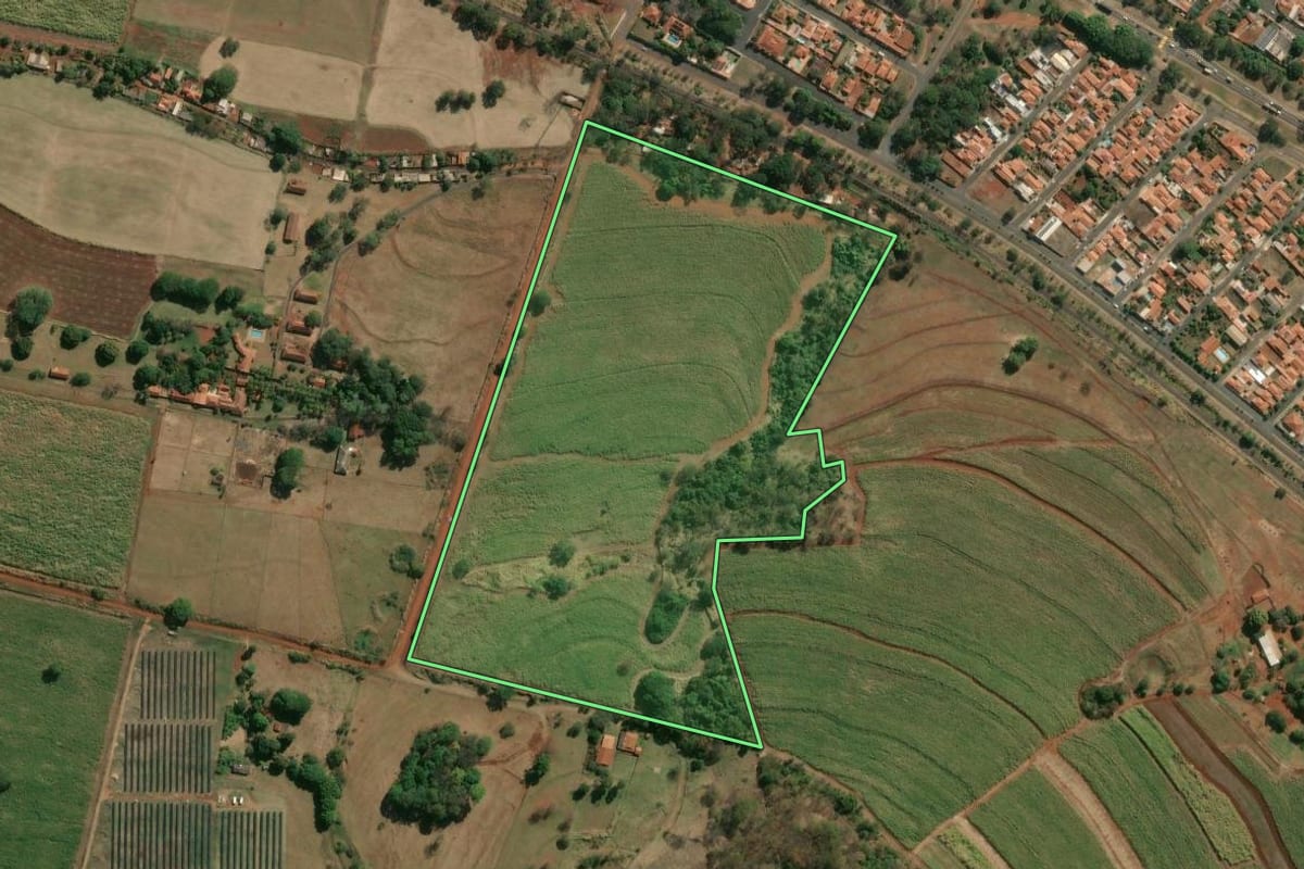 Imagem de satélite do imóvel rural em São Simão (SP), com o contorno declarado no CAR desenhado por cima.